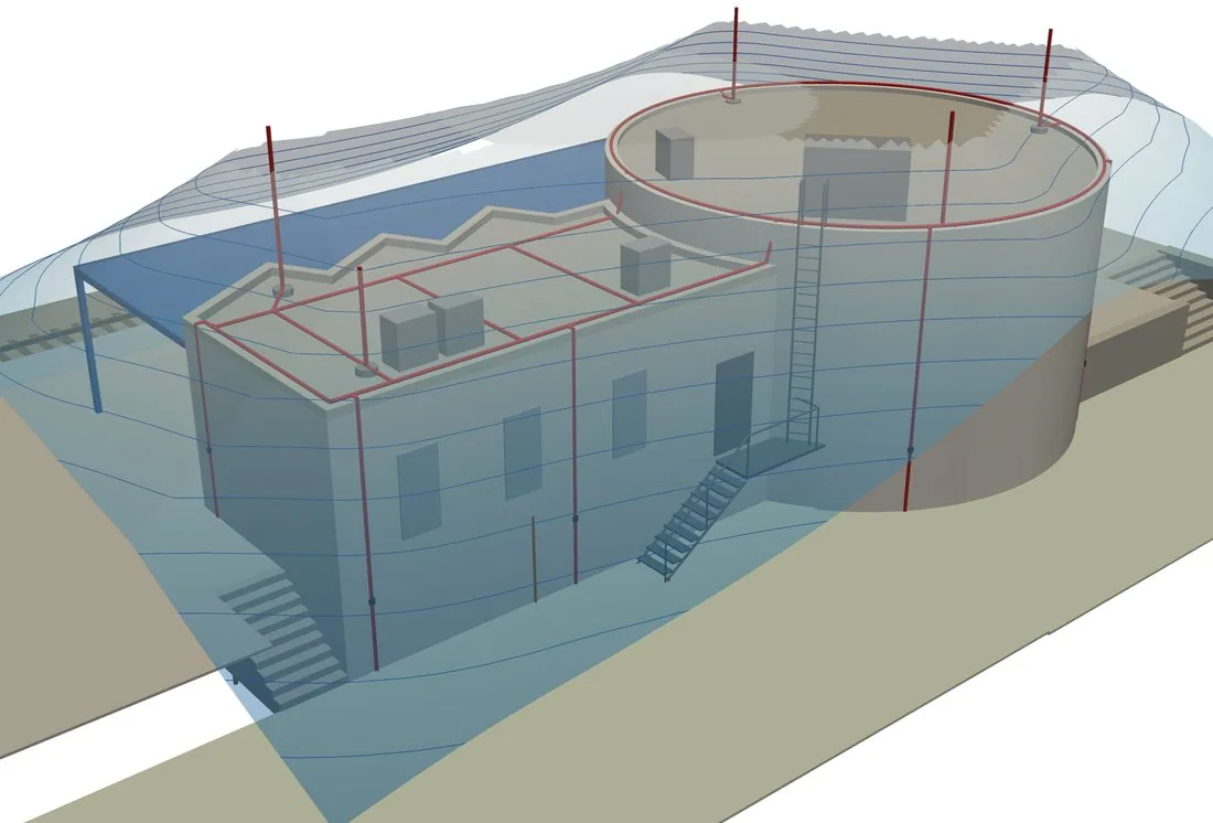 3D model hromosvodu nádražní budovy s ochranným prostorem